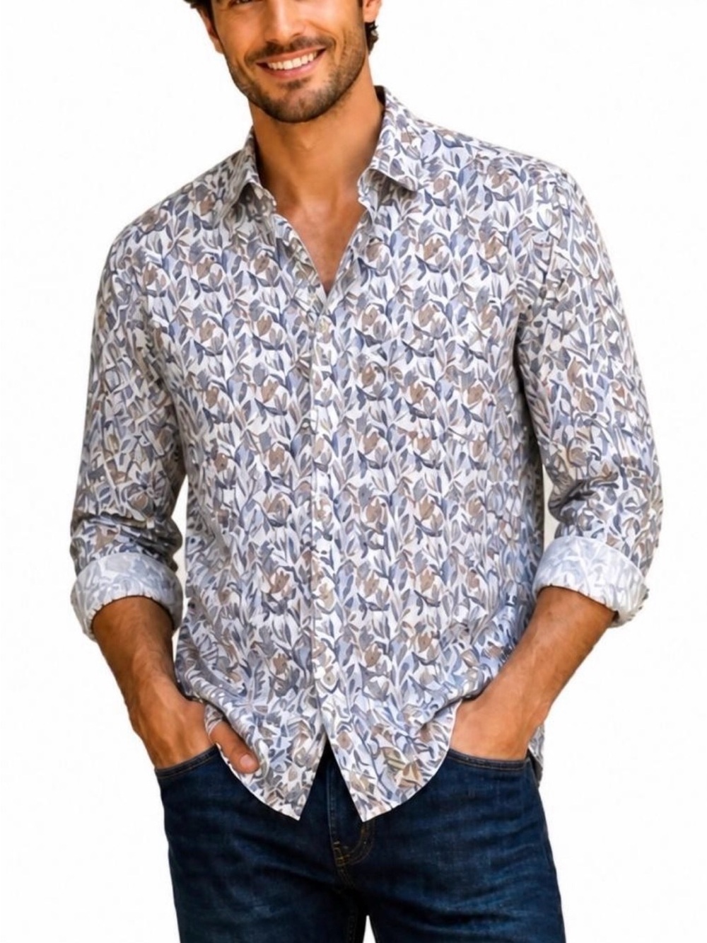 Van Heusen Men's Leaf-Print Button-Down Shirt in Blue and Tan